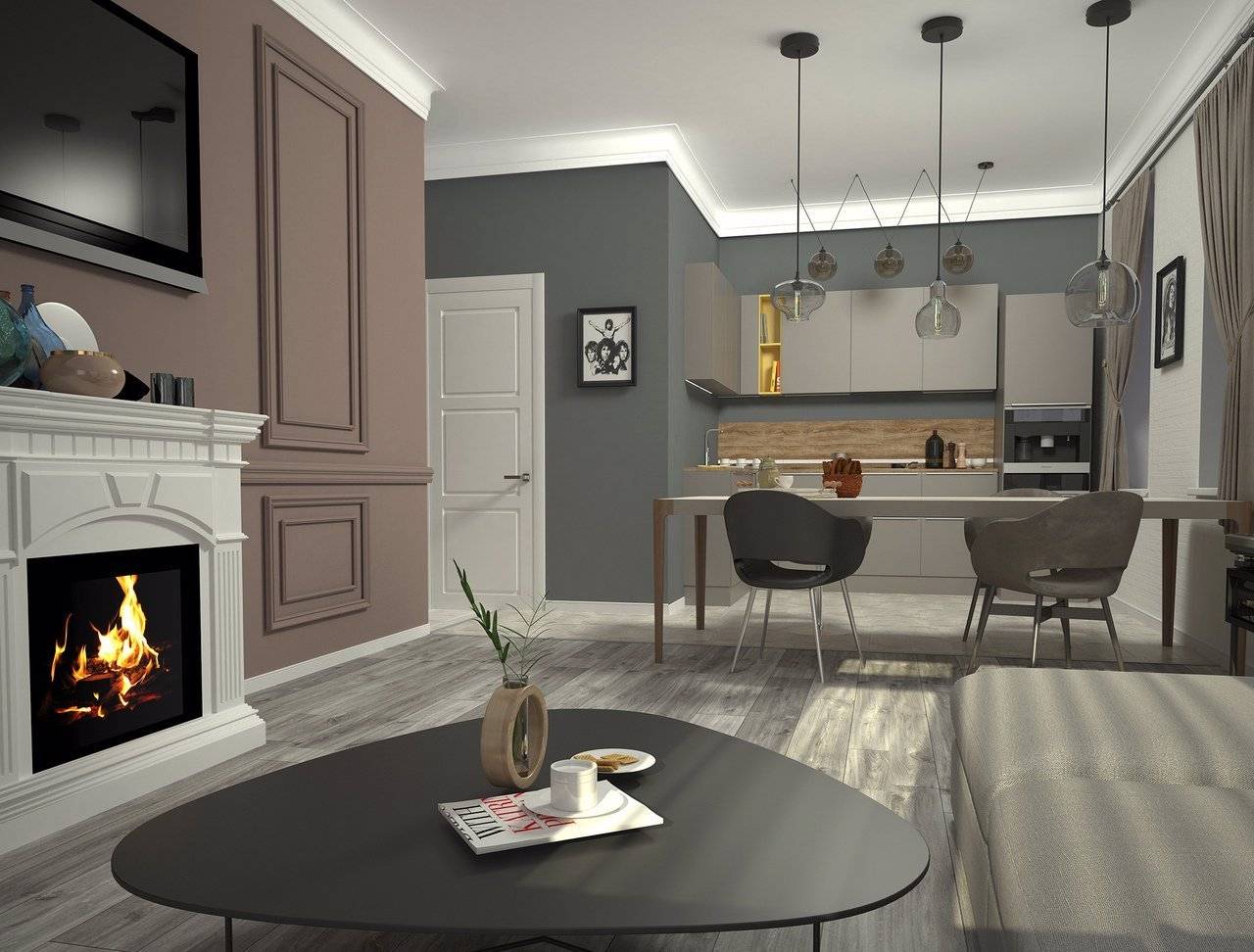 Кухня-гостиная с камином: разница установки в доме и в квартире