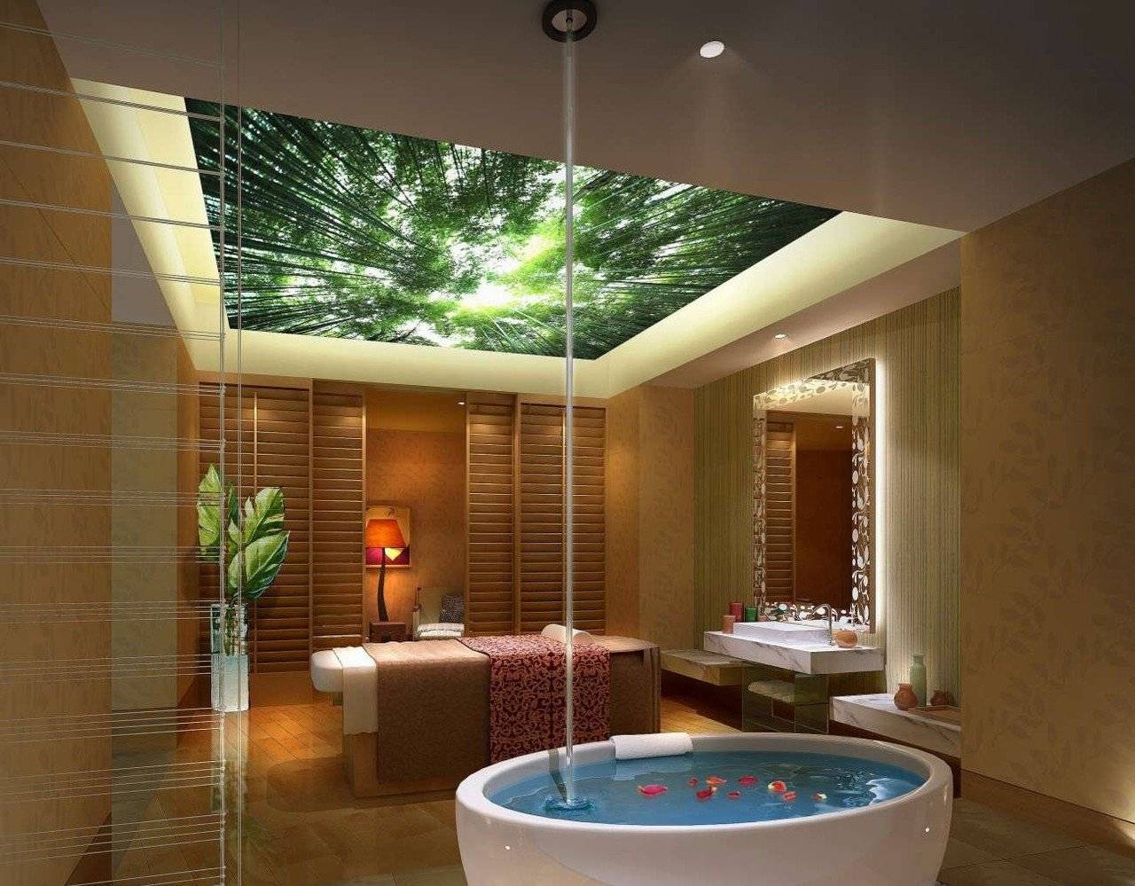 Дизайн потолка в ванной: варианты конструкции и отделки