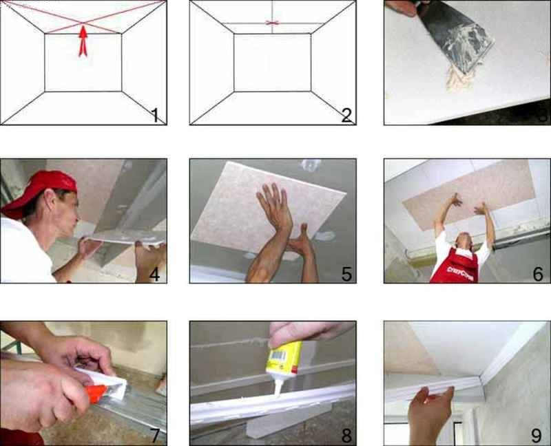 Как клеить бесшовную потолочную плитку из пенополистирола - фото, видео