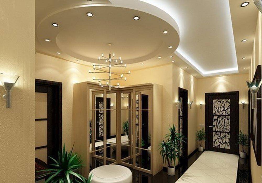 Потолок из гипсокартона в коридоре фото вариантов дизайна с подсветкой или люстрой