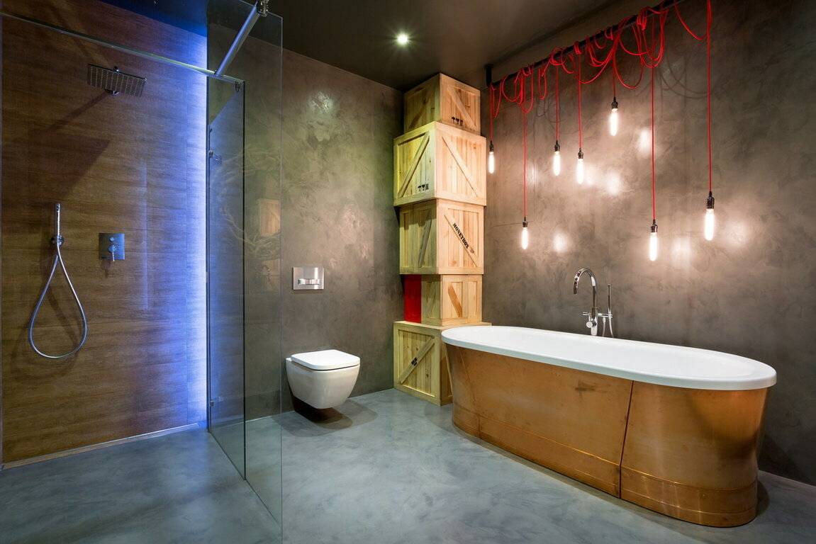 Ванная комната в стиле лофт - 65 фото, дизайн интерьеров