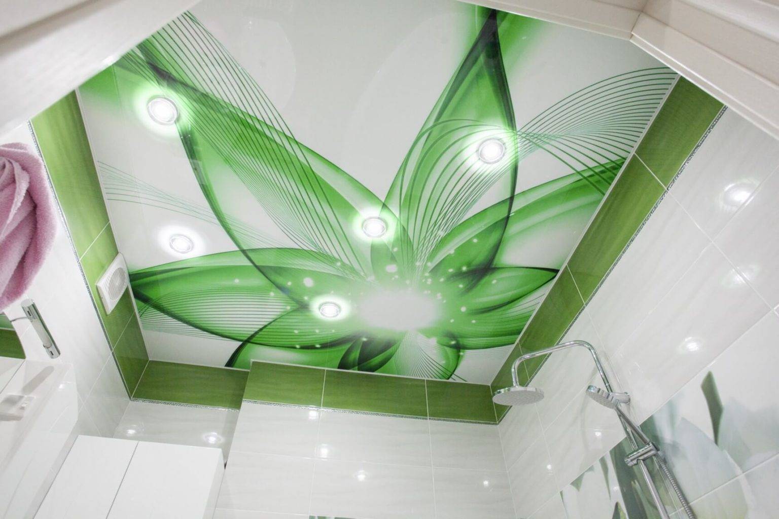 Зеленый натяжной потолок в интерьере (100+ фото)