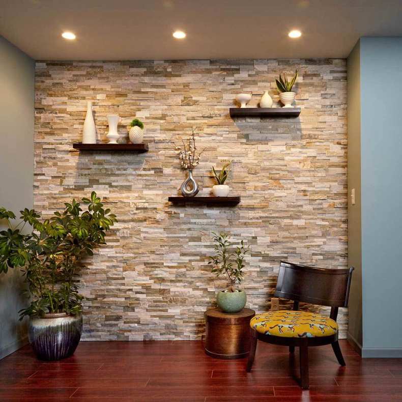 Отделка стен декоративным камнем: как укладывать и правильно положить первый ряд, на что лучше клеить и примеры декорирования камня под обои в коридоре зале или гостиной