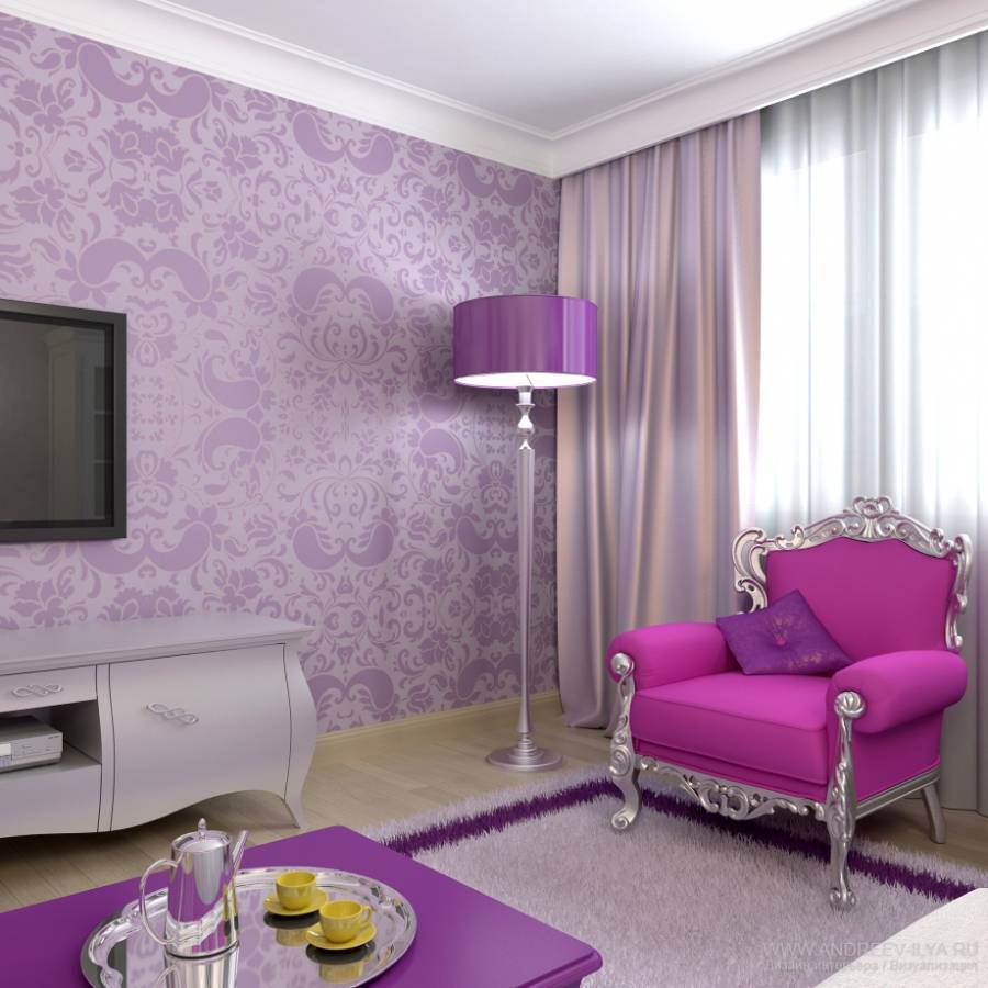 Фиолетовые обои для кухни, спальни, гостиной и прихожей с фото